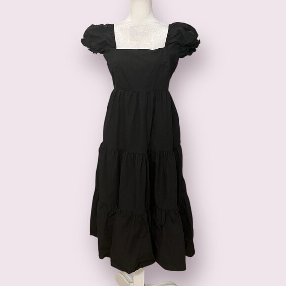 O.P.T. Black Cotton Puff Sleeve Midi Dress L Open Back Cottagecore Square Neck - Picture 1 of 9